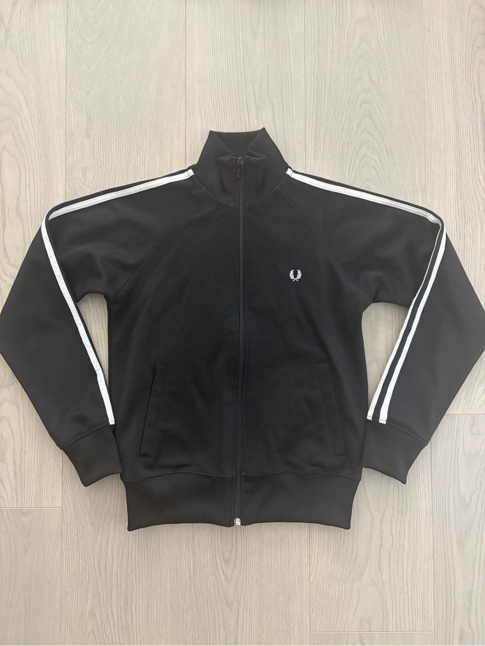 Fred Perry Black Jacket with White Sleeve Stripes